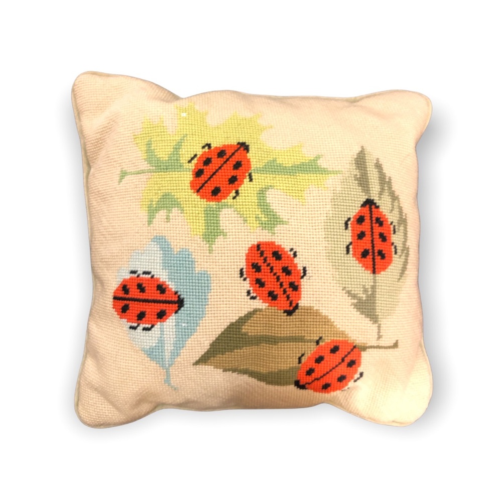 Lady Bug  Vintage Handmade Needlepoint  Pillow Velvet Red Lime
